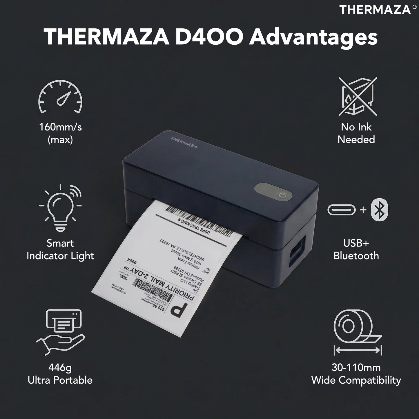 THERMAZA® D400 Thermal Label Printer Essential Kit With 1000 Fanfold Labels (Black)