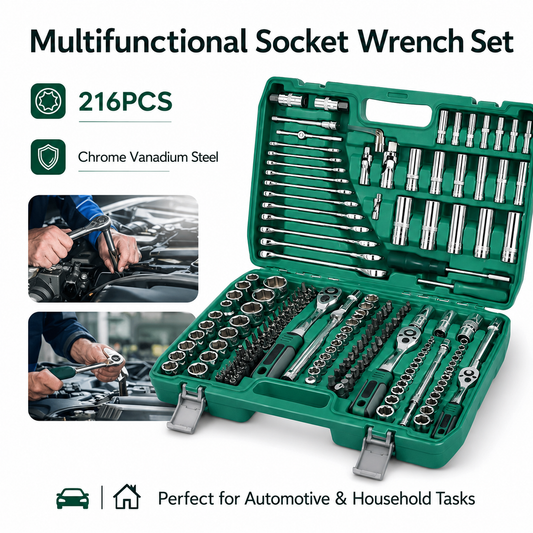 Open green plastic case containing a 216-piece multifunction socket wrench set with chrome vanadium steel tools, shown on a white background with feature callouts and small automotive usage photos.