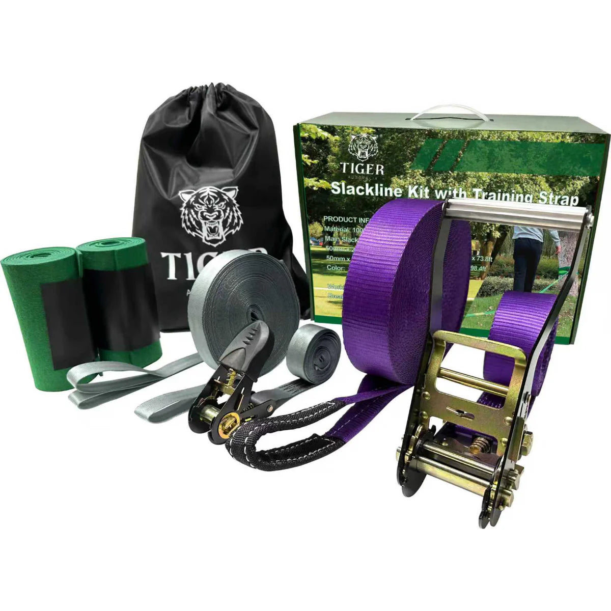 Slackline Kit 50mmx22.5 m with Training Line, Ratchet, Tree Protectors and Bag