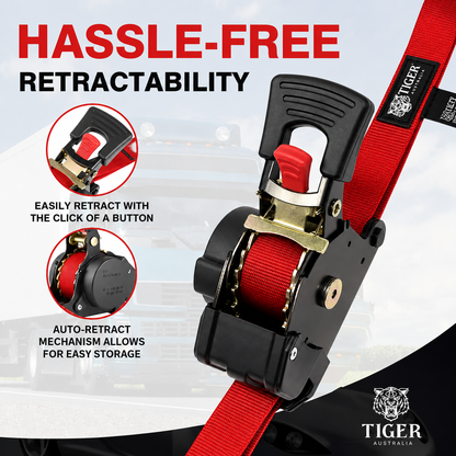 Tiger Australia 50mm x 3m Heavy Duty Retractable Ratchet Straps with Soft Loops 2-Pack(Red Limited Edition)