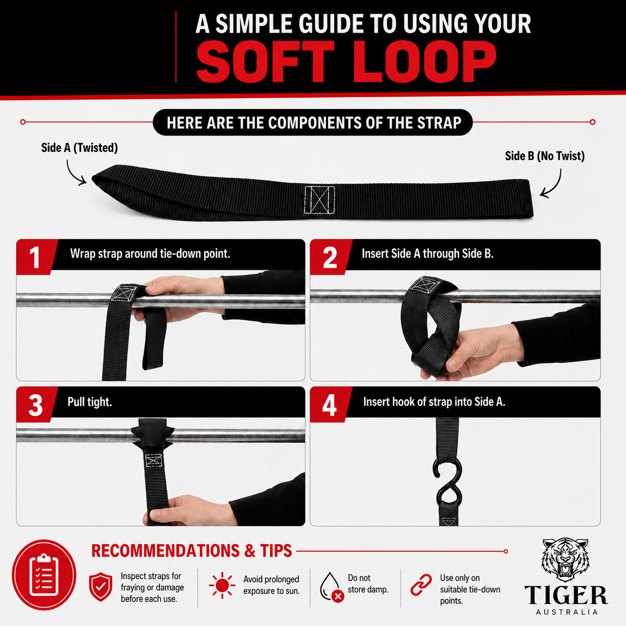 Tiger Australia 25mm x 4.5m Auto Retractable Ratchet Straps with Soft Loops 4-Pack
