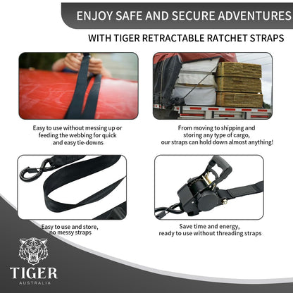 Heavy Duty 50mm x 3m Auto Retractable Ratchet Tie Down Straps 2-Pack