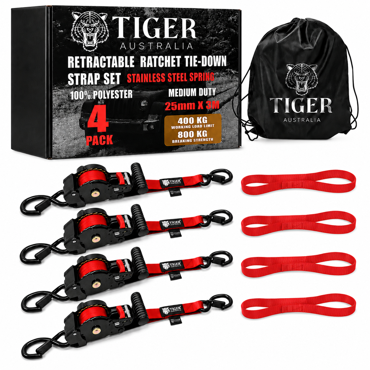 Tiger Australia 25mm x 3m T-Handle™ Retractable Ratchet Straps with Soft Loops-4 Pack(Red Limited Edition)