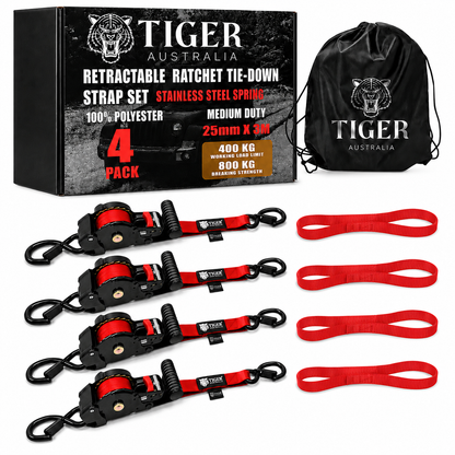 Tiger Australia 25mm x 3m T-Handle™ Retractable Ratchet Straps with Soft Loops-4 Pack(Red Limited Edition)