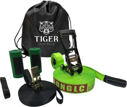 Slackline Kit 50mmx22.5 m with Training Line, Ratchet, Tree Protectors and Bag – Complete Balance Training Set for Backyard or Outdoor Fun