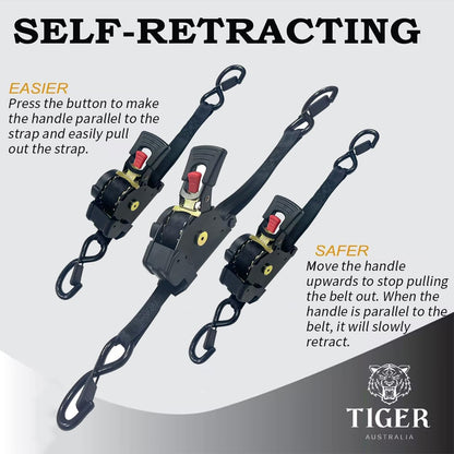 Tiger Australia Retractable Ratchet Straps 4 Pack – 25mm x 4.5m Tie Down Straps, 800KG Break Strength, with S-Hooks and Storage Bag, for Trailers, Utes, Boats, Moving