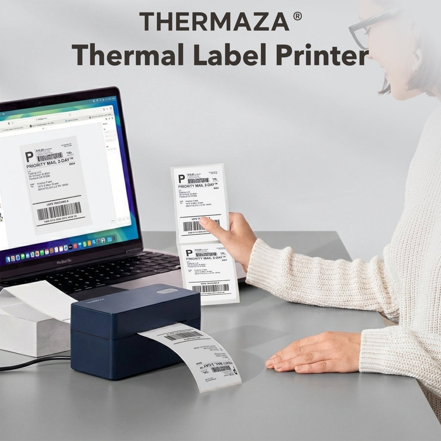 THERMAZA® D400 Thermal Label Printer Essential Kit With 1000 Fanfold Labels (Black)