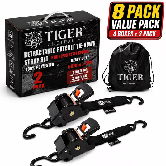 Tiger Australia retractable ratchet tie-down strap set with packaging and drawstring bag on a white background