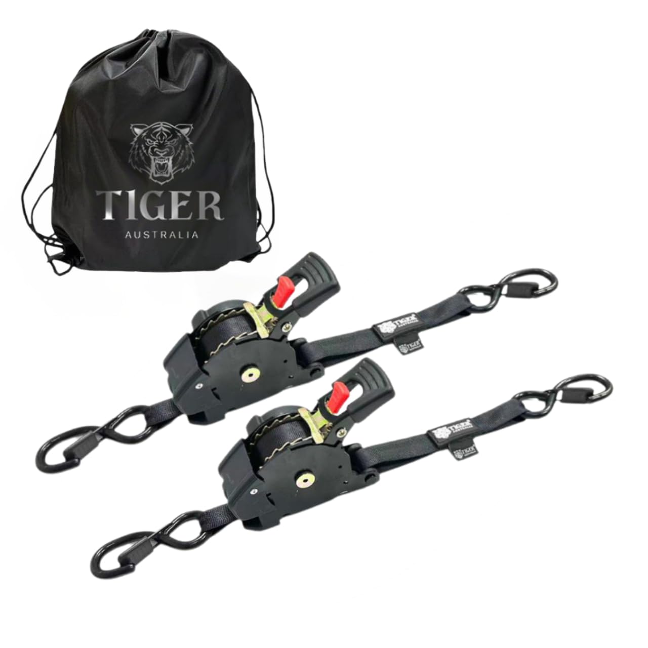 Heavy Duty 25mm x 3m Retractable Ratchet Tie Down Straps with S-Hooks, 2-Pack with Storage Bag, Black