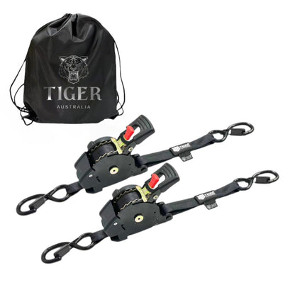 Heavy Duty 25mm x 3m Retractable Ratchet Tie Down Straps with S-Hooks, 2-Pack with Storage Bag, Black