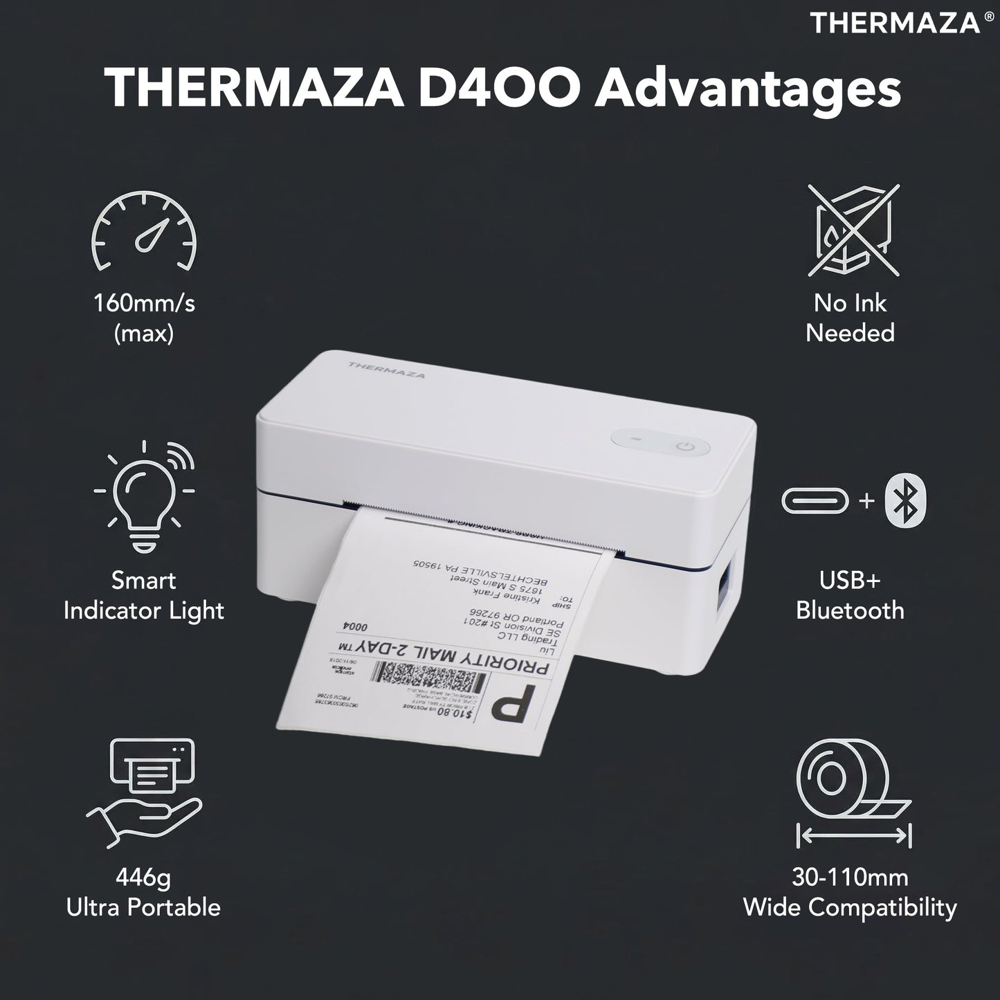 THERMAZA® D400 Thermal Label Printer Essential Kit With 1000 Fanfold Labels (White)