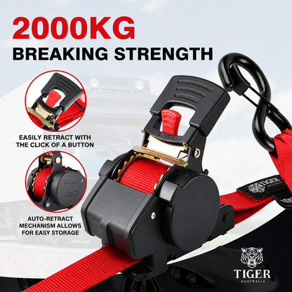 Tiger Australia 50mm x 3m Heavy Duty Retractable Ratchet Straps with Soft Loops 2-Pack(Red Limited Edition)