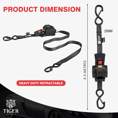 25mm × 4.5m New Auto Slow-Retracting Design Ratchet Straps 4-Pack