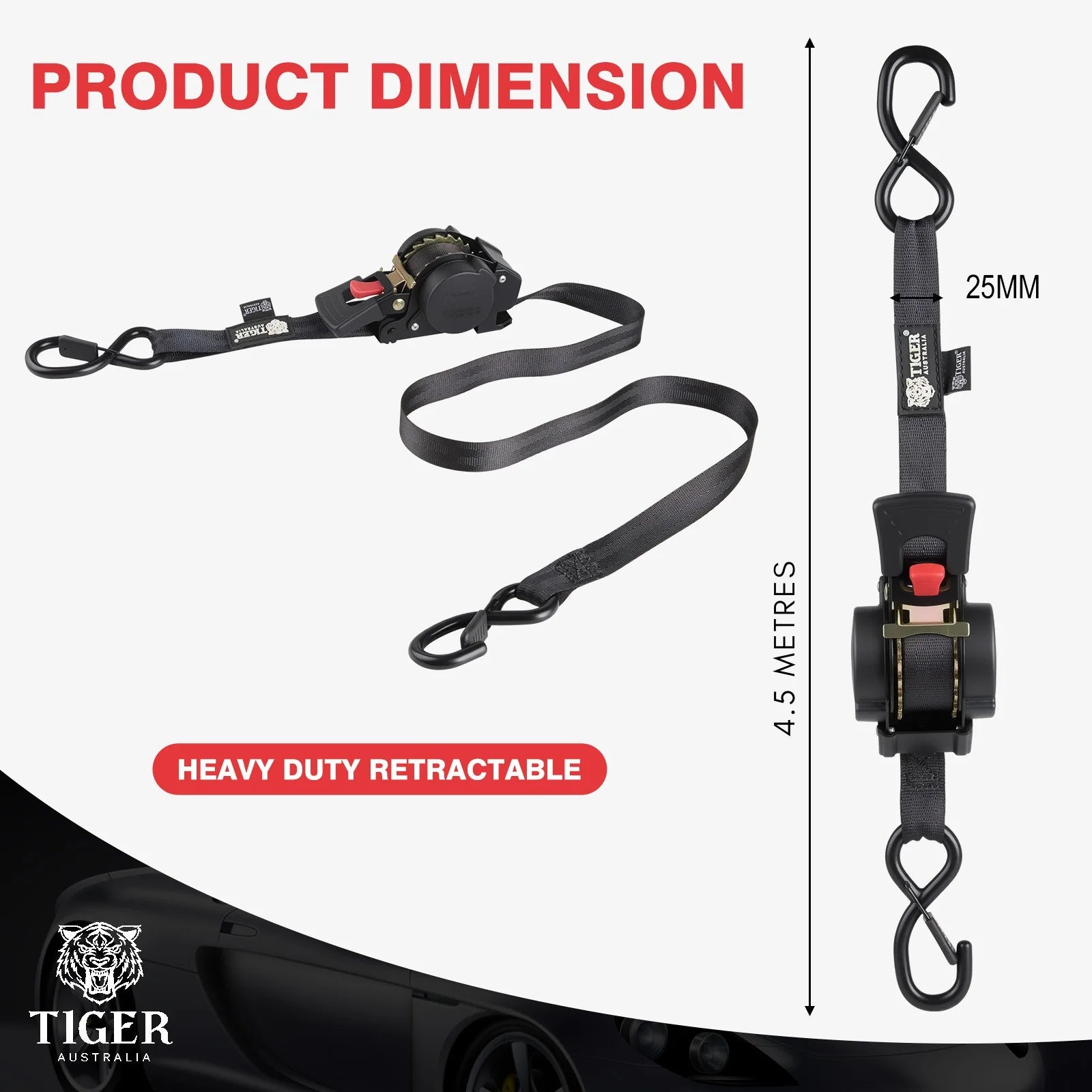 25mm × 4.5m New Auto Slow-Retracting Design Ratchet Straps 4-Pack