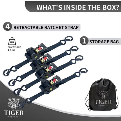 25mm x 4.5m Auto Retractable Ratchet Straps 4-Pack