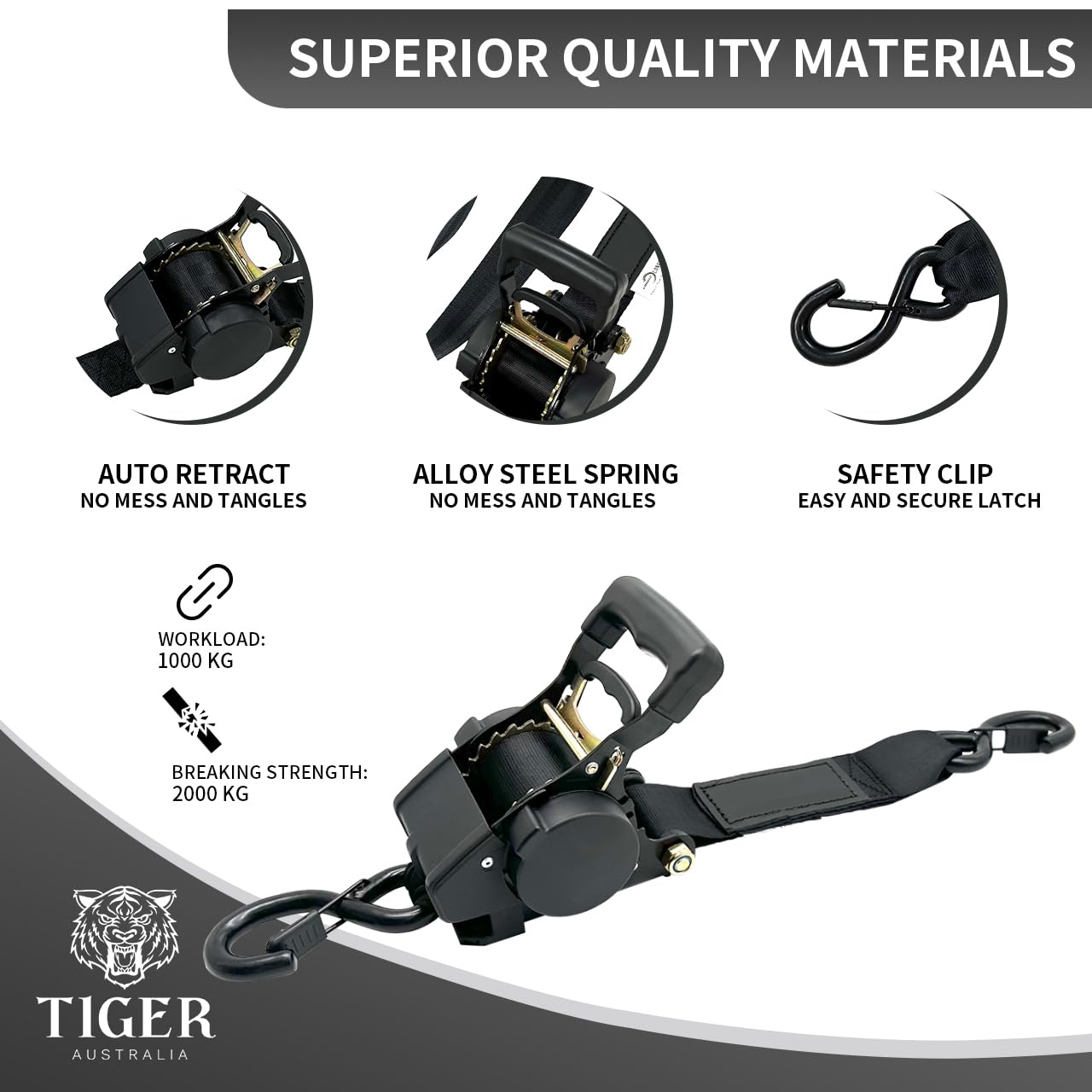 Tiger Australia 50mm x 3m Heavy Duty Auto Retractable Ratchet Straps 4-Pack,2000KG Break Strength, with S-Hooks and Storage Bag, for Trailers, Utes, Boats, Moving