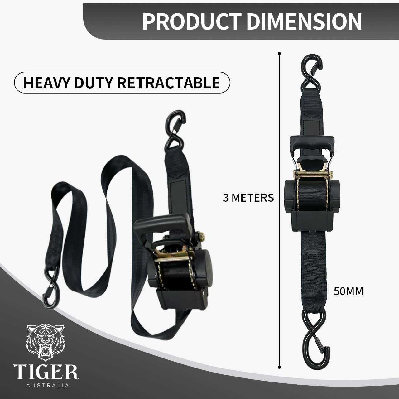 Tiger Australia Heavy Duty 50mm x 3m Auto Retractable Ratchet Tie Down Straps 2-Pack, 2000KG Heavy Duty