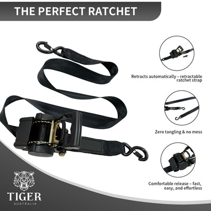 Heavy Duty 50mm x 3m Auto Retractable Ratchet Tie Down Straps 2-Pack