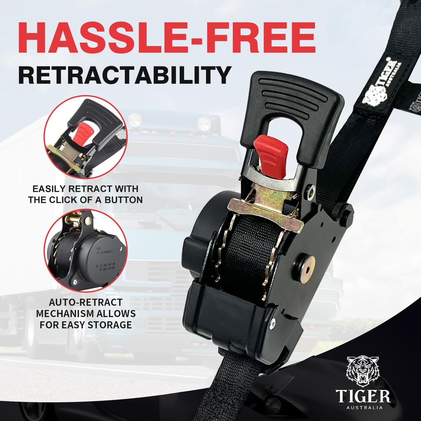 Tiger Australia Retractable Ratchet Straps 4 Pack – 25mm x 3m Tie Down Straps, 800KG Break Strength, with S-Hooks and Storage Bag, for Trailers, Utes, Boats, Moving