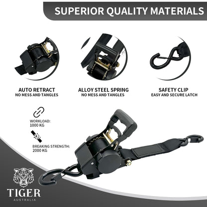 Heavy Duty 50mm x 3m Auto Retractable Ratchet Tie Down Straps 2-Pack
