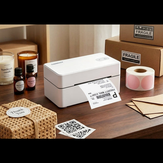 Thermaza label printer on a table with printed labels and packaging items.