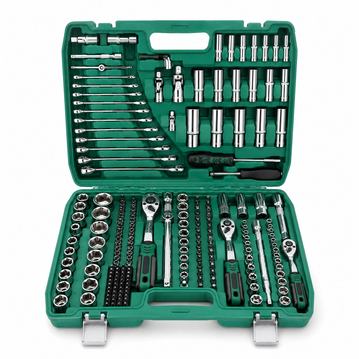 A 216-piece socket wrench set in a green plastic case, shown open against a white background. The set includes various sockets, extension bars, wrenches, ratchets, and a screwdriver, all in polished silver metal with black handles.