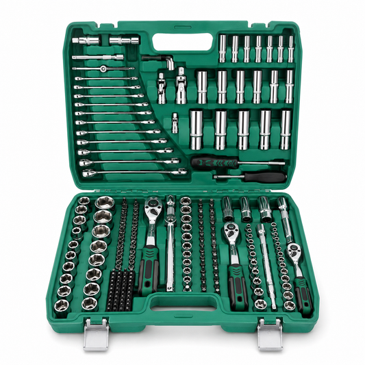 A 216-piece socket wrench set in a green plastic case, shown open against a white background. The set includes various sockets, extension bars, wrenches, ratchets, and a screwdriver, all in polished silver metal with black handles.