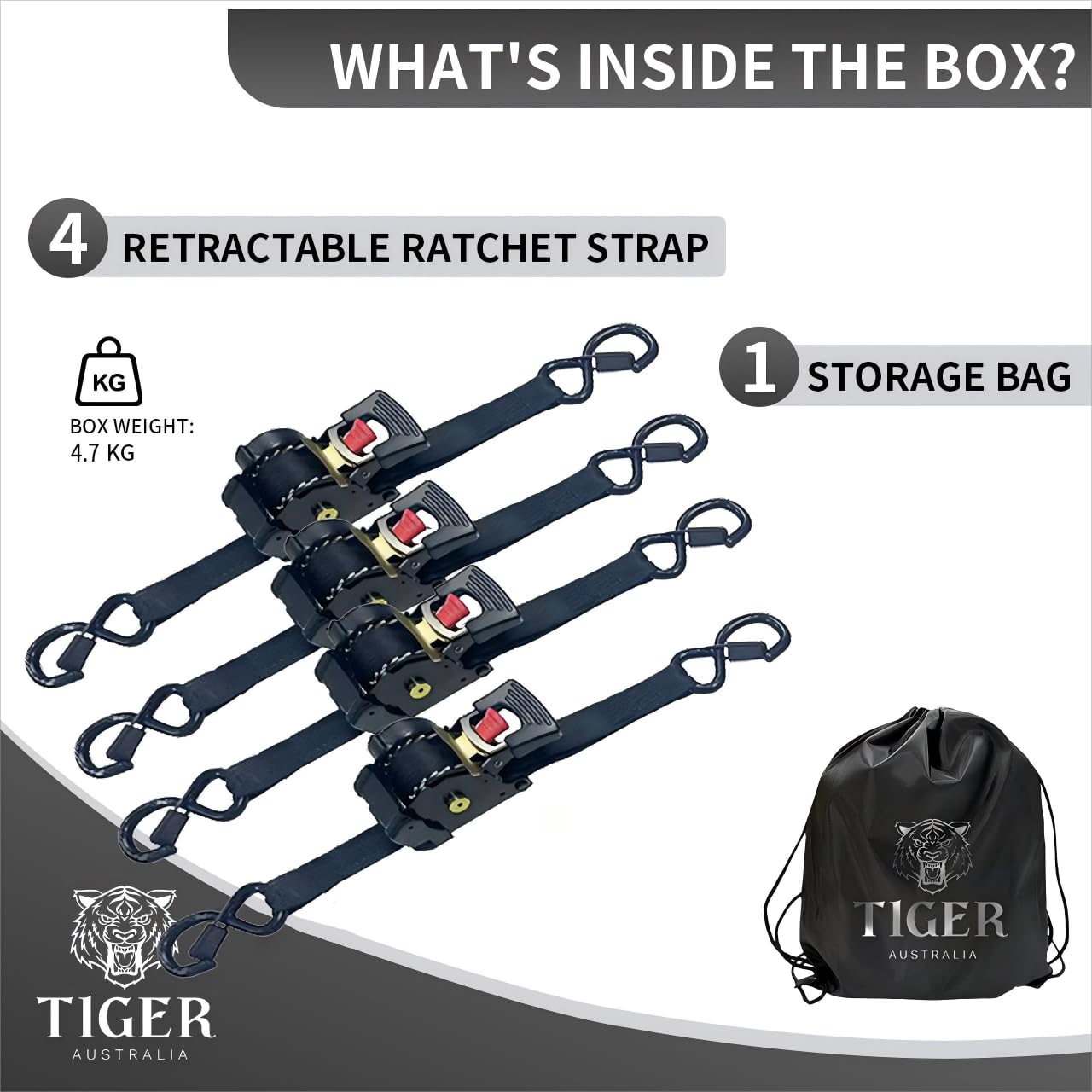Tiger Australia Retractable Ratchet Straps 4 Pack – 25mm x 4.5m Tie Down Straps, 800KG Break Strength, with S-Hooks and Storage Bag, for Trailers, Utes, Boats, Moving
