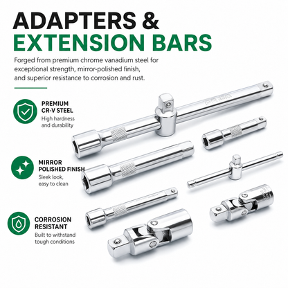 Six chrome extension bar adapters arranged on a white background with marketing text about premium CR-V steel, mirror-polished finish, and corrosion resistance.