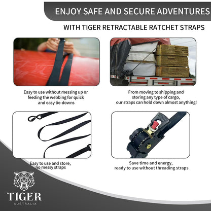 Tiger Australia Retractable Ratchet Straps 4 Pack – 25mm x 4.5m Tie Down Straps, 800KG Break Strength, with S-Hooks and Storage Bag, for Trailers, Utes, Boats, Moving