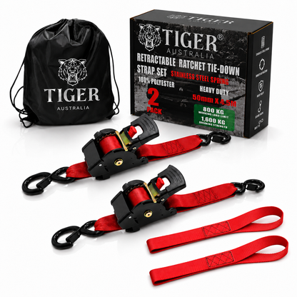 Tiger Australia 50mm x 4.5m Heavy Duty Retractable Ratchet Straps with Soft Loops 2-Pack(Red Limited Edition)