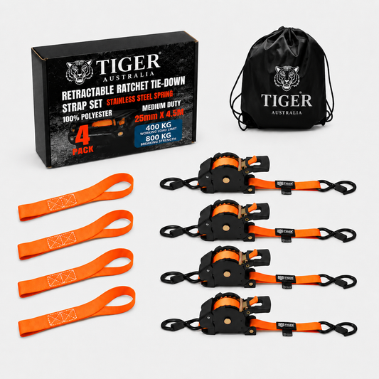 Tiger Australia 25mm x 4.5m Auto Retractable Ratchet Straps with Soft Loops 4-Pack