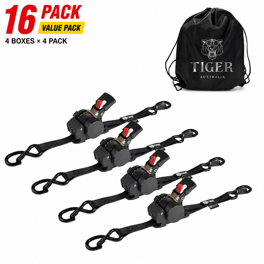 Tiger Australia 25mm × 4.5m Slow-Retracting Design Ratchet Straps 16-Pack Value Pack
