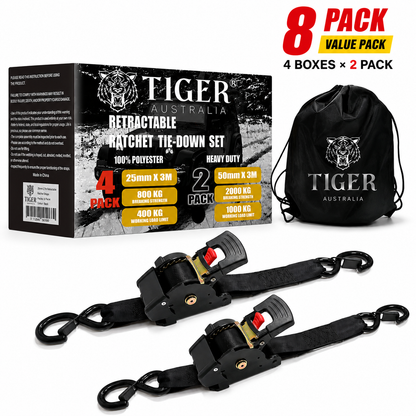 Tiger Australia 50mm x 4.5m Retractable Ratchet Straps 8-Pack Value Pack