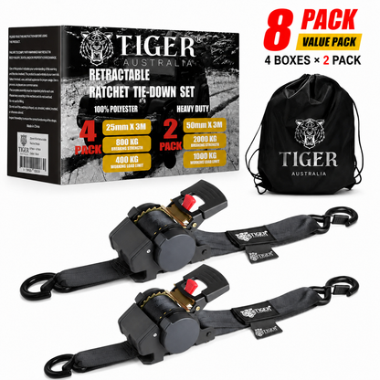 Tiger Australia 50mm × 3m Slow-Retracting Design Ratchet Straps 8-Pack Value Pack