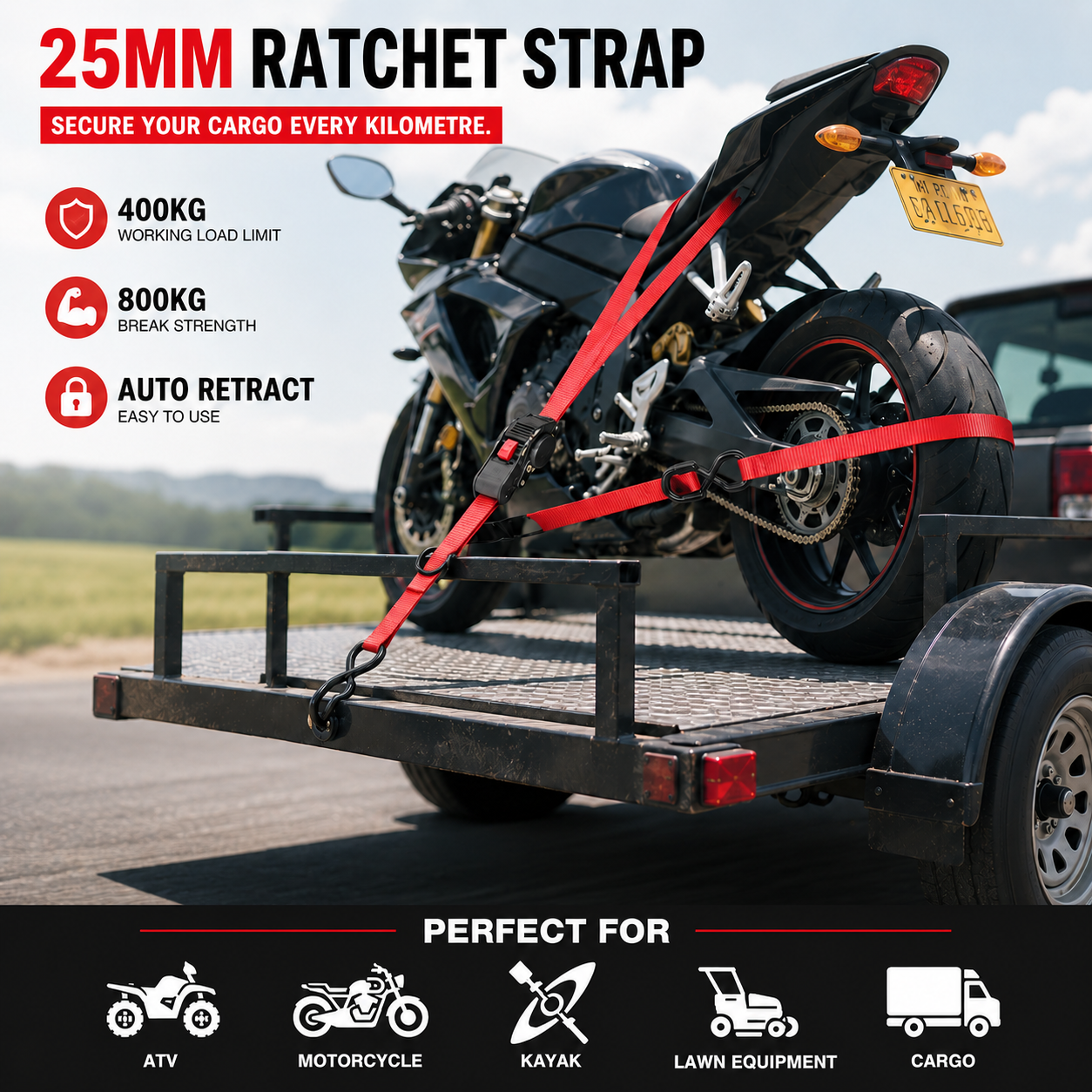 Tiger Australia 25mm x 4.5m Retractable Ratchet Straps with Soft Loops – 4 Pack (Red Limited Edition)