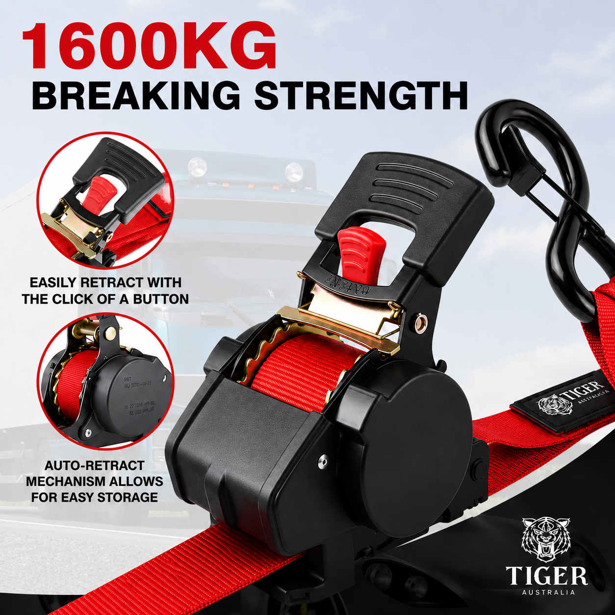 Tiger Australia 50mm x 4.5m Heavy Duty Retractable Ratchet Straps with Soft Loops 2-Pack(Red Limited Edition)