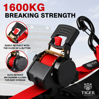 Tiger Australia 50mm x 4.5m Heavy Duty Retractable Ratchet Straps with Soft Loops 2-Pack(Red Limited Edition)