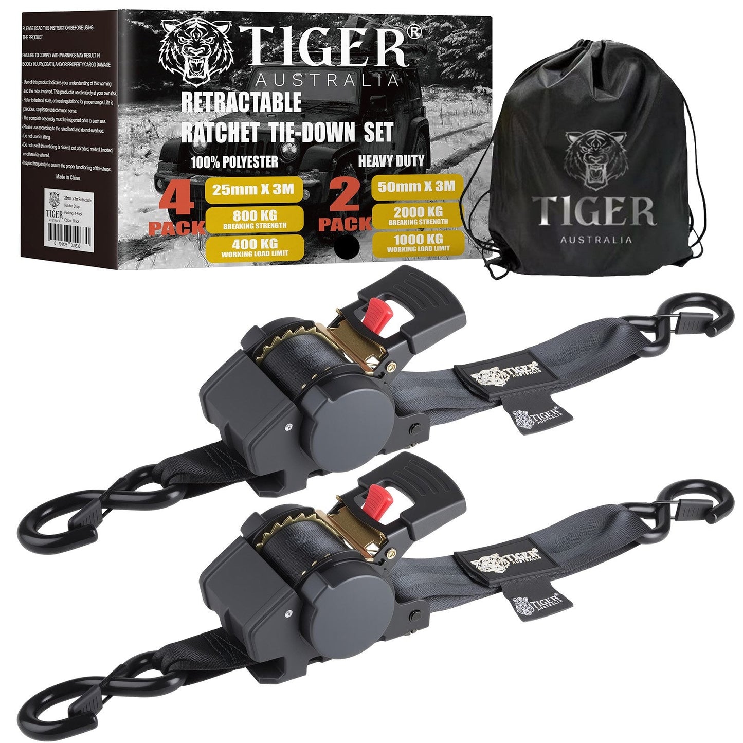 50mm × 3m New Auto Slow-Retracting Design Ratchet Straps 2-Pack
