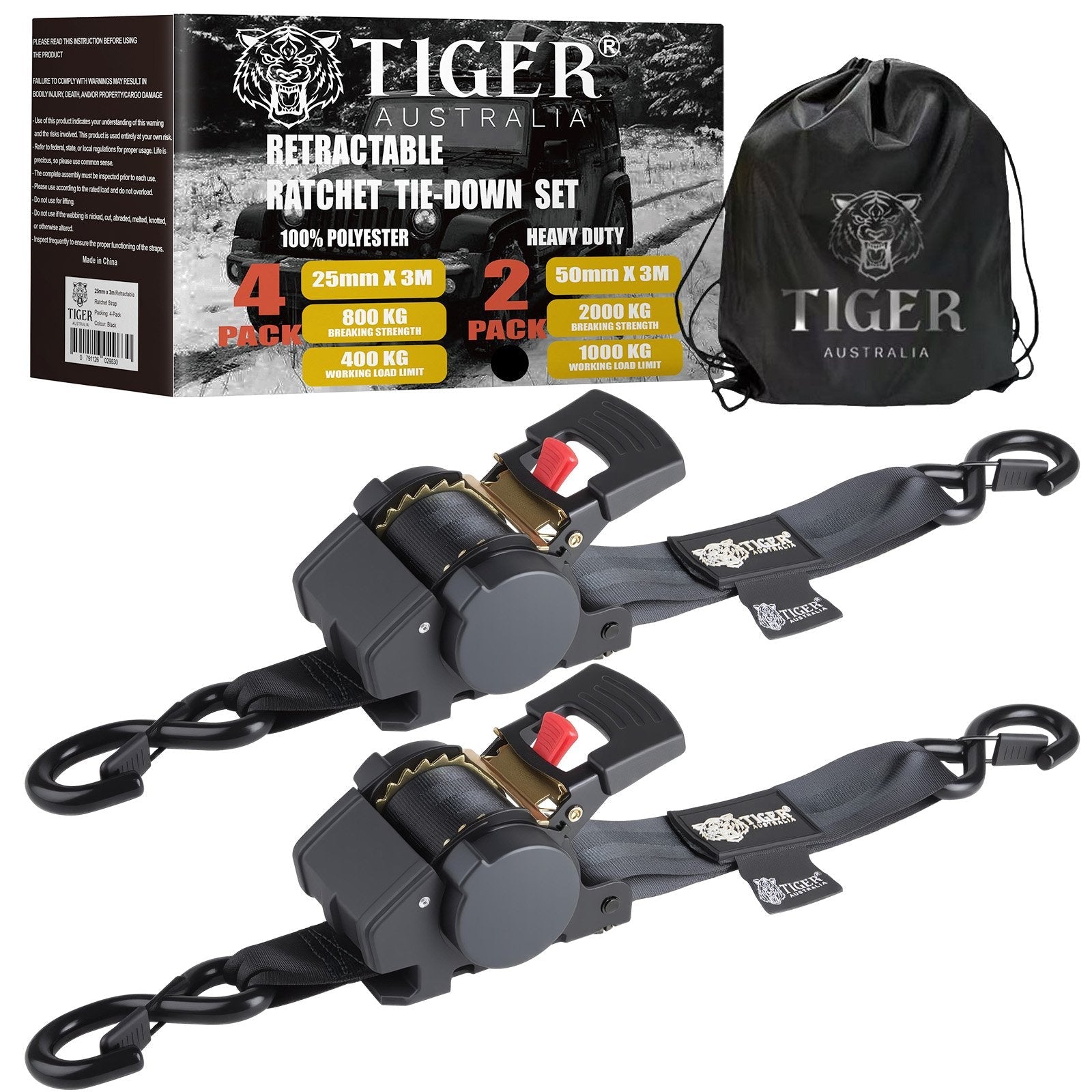 50mm × 3m New Auto Slow-Retracting Design Ratchet Straps 2-Pack