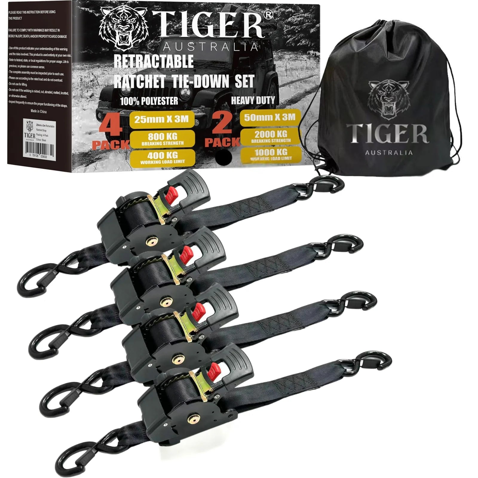 50mm x 3m Heavy Duty Auto Retractable Ratchet Straps 4-Pack