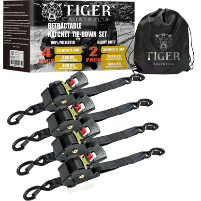 50mm x 3m Heavy Duty Auto Retractable Ratchet Straps 4-Pack