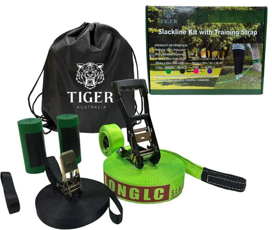 Slackline Kit 50mmx22.5 m with Training Line, Ratchet, Tree Protectors and Bag