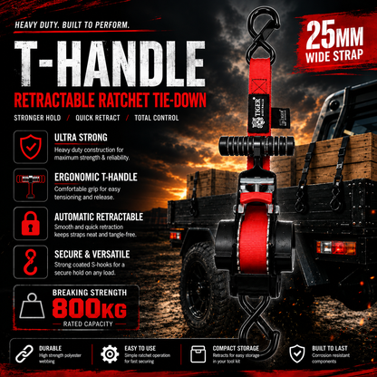 Tiger Australia 25mm x 3m T-Handle™ Retractable Ratchet Straps with Soft Loops-4 Pack(Red Limited Edition)