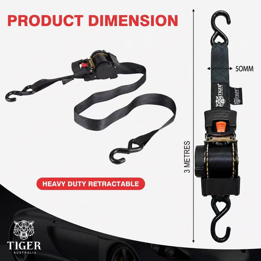 Heavy-duty retractable strap with dimensions and Tiger Australia branding on a white background