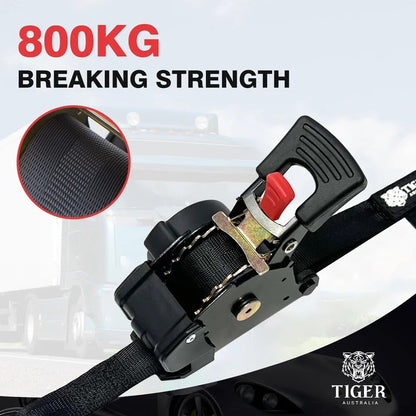 Tiger Australia Retractable Ratchet Straps 25mm x 3m 800KG Heavy Duty 2-Pack