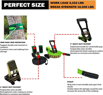 Slackline Kit 50mmx22.5 m with Training Line, Ratchet, Tree Protectors and Bag – Complete Balance Training Set for Backyard or Outdoor Fun