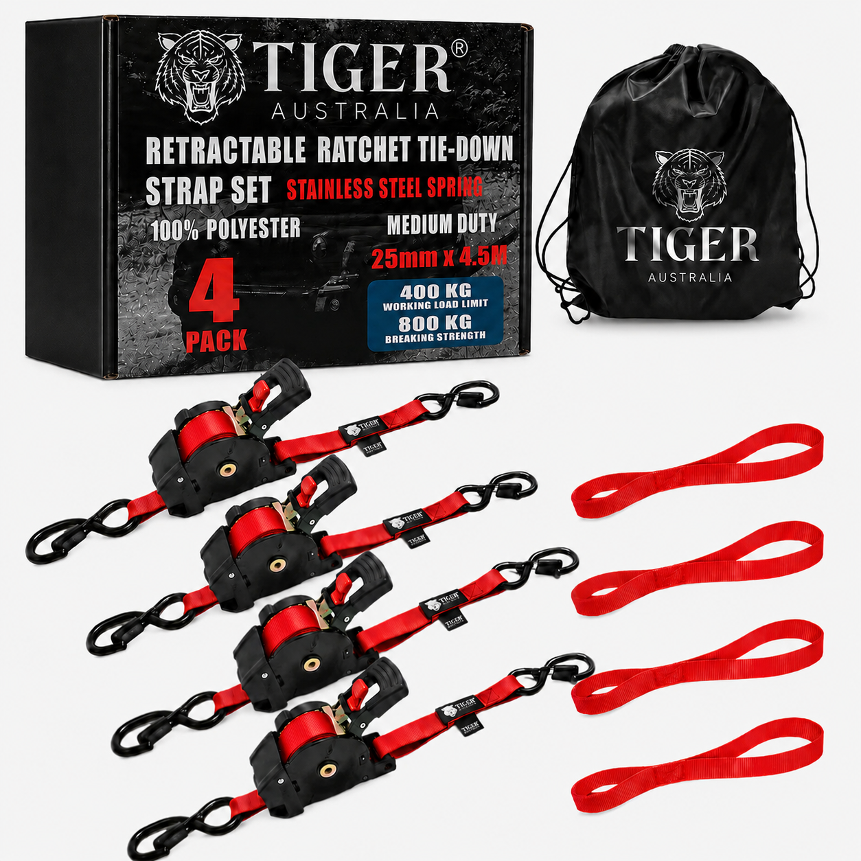 Tiger Australia 25mm x 4.5m Retractable Ratchet Straps with Soft Loops – 4 Pack (Red Limited Edition)