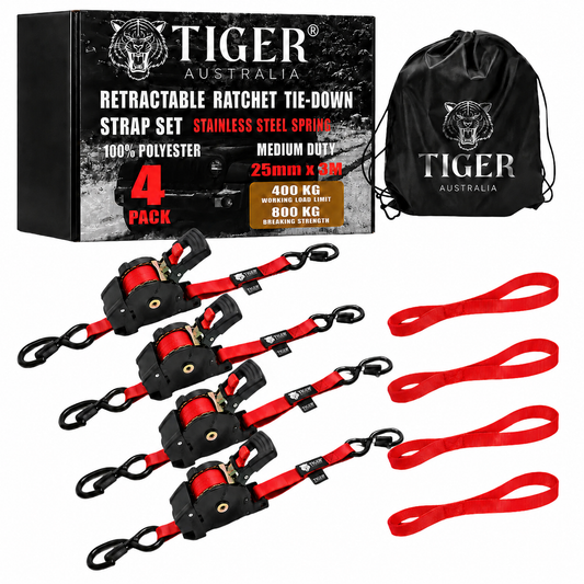 Tiger Australia 25mm x 3m Retractable Ratchet Straps with Soft Loops – 4 Pack (Red Limited Edition)