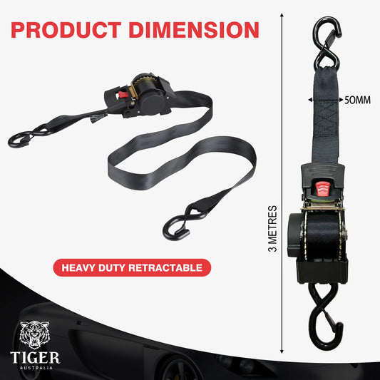 50mm x 3m Heavy Duty Auto Retractable Ratchet Straps 2-Pack